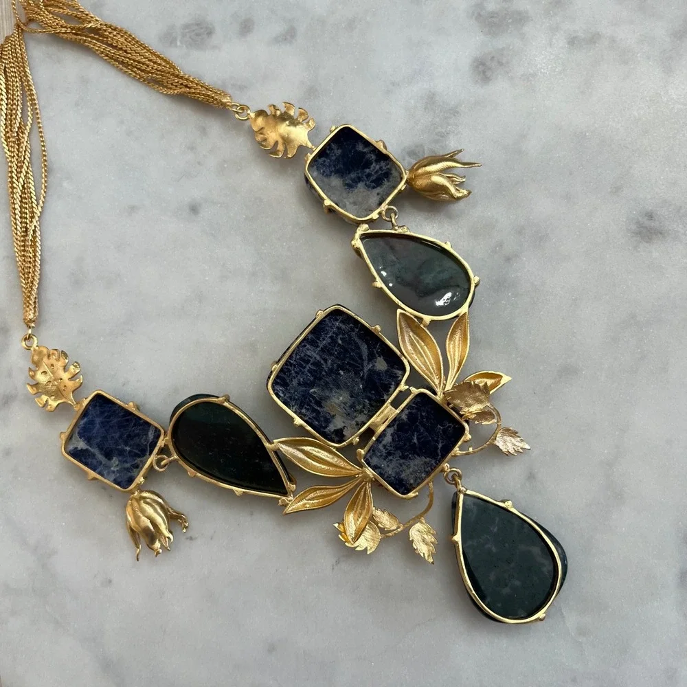 Gemstone Statement Necklace Sodalite Gold Tone‎ Floral Bib Grecian Boho Jewelry